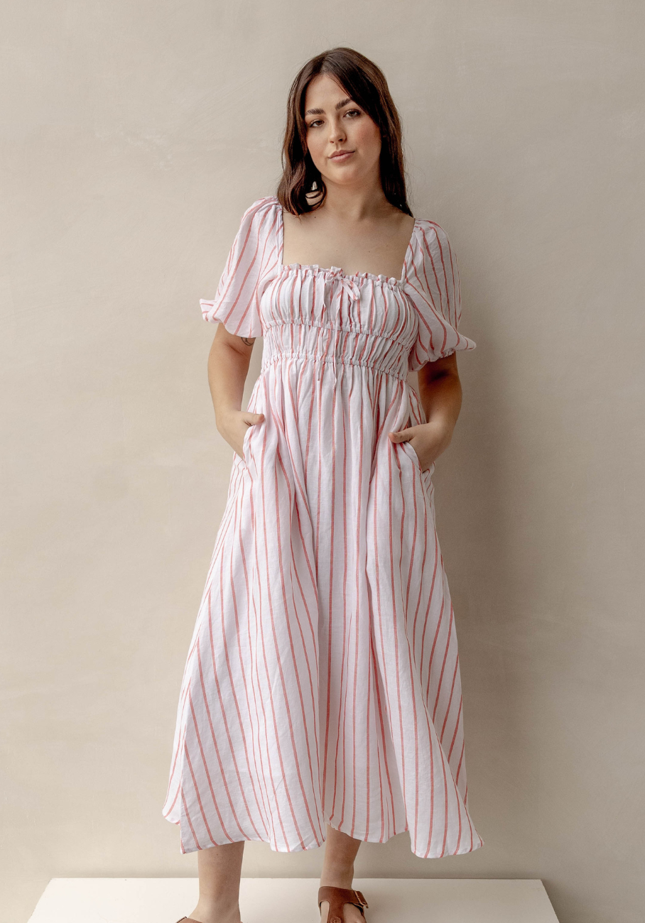 Miann &amp; Co Womens - Ruby Puff Sleeve Milkmaid Dress - Tomato Stripe