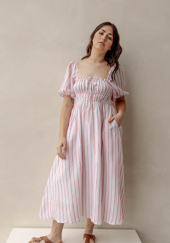 Miann & Co Womens - Ruby Puff Sleeve Milkmaid Dress - Tomato Stripe