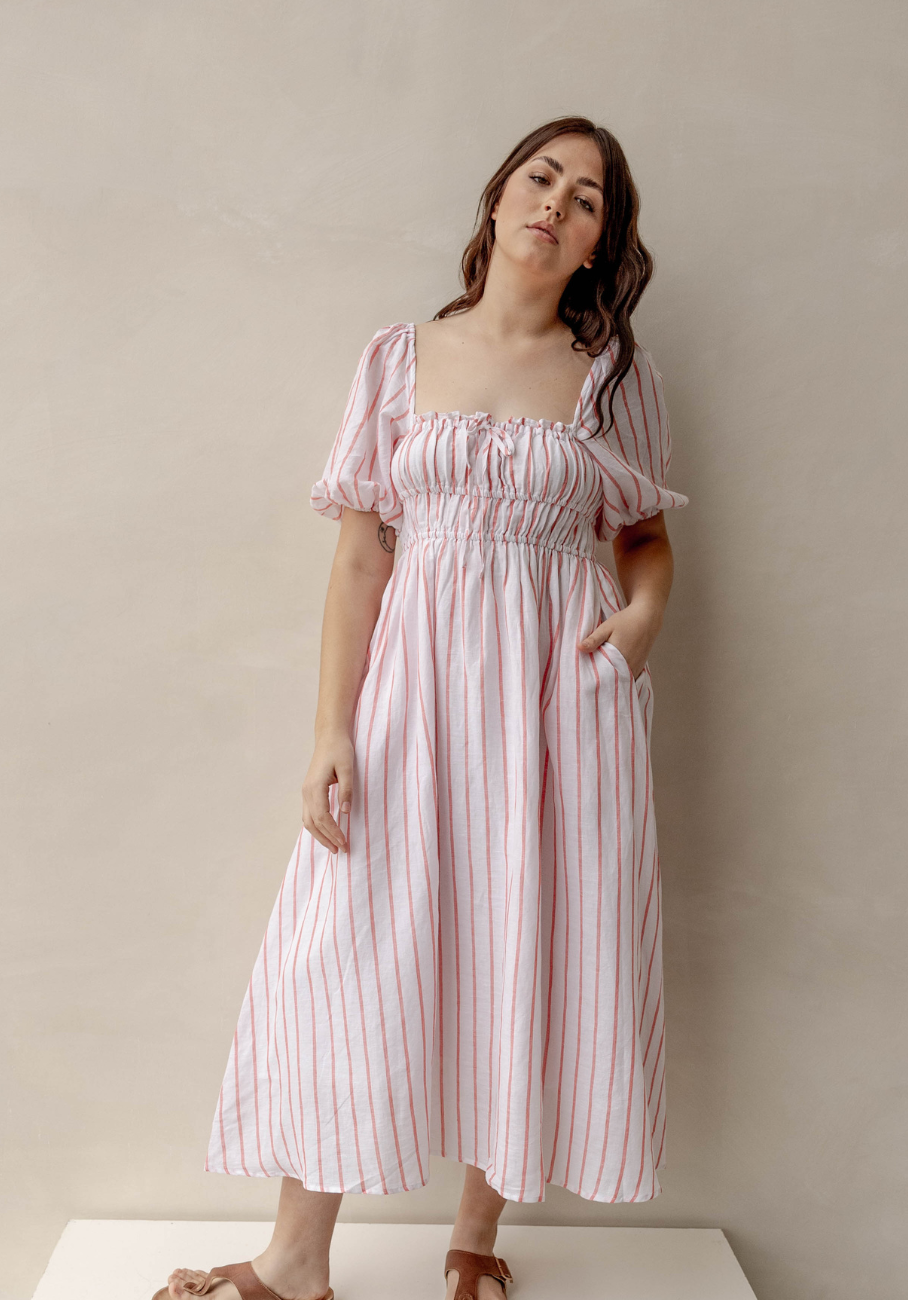 Miann &amp; Co Womens - Ruby Puff Sleeve Milkmaid Dress - Tomato Stripe