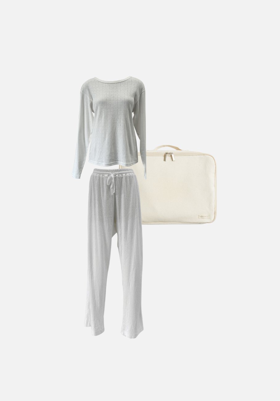 Gift Pack - Emma Round Neck Long Sleeve T-Shirt &amp; Keira Wide Leg Pants - Frost Pointelle