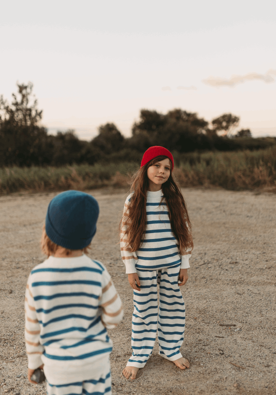 Kids Winter Set - Knitted Round Neck Jumper &amp; Wide Leg Pants - Contrast Stripe