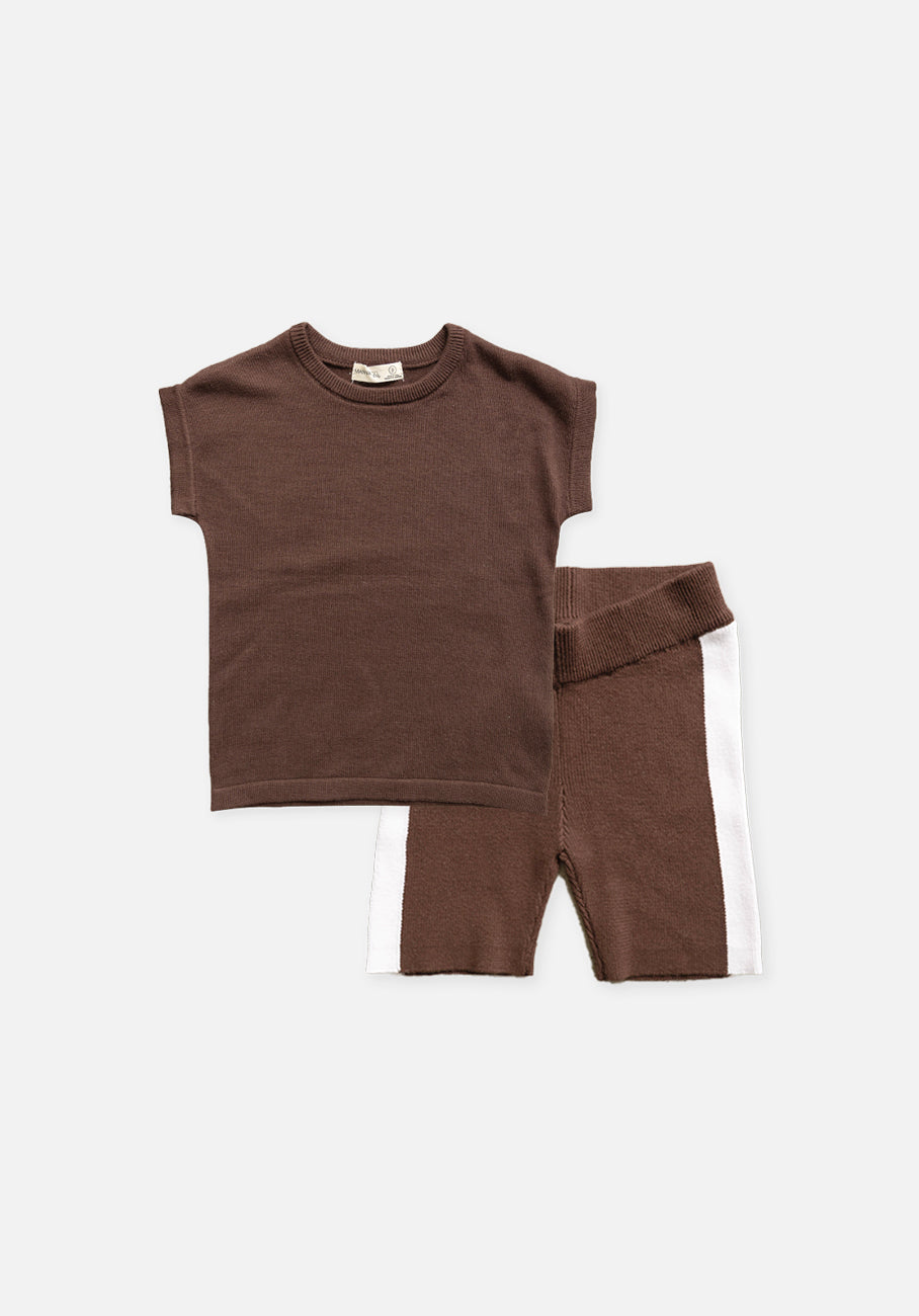 Kids Summer Set- Boxy Knit T-Shirt &amp; Knit Bike Shorts - Espresso