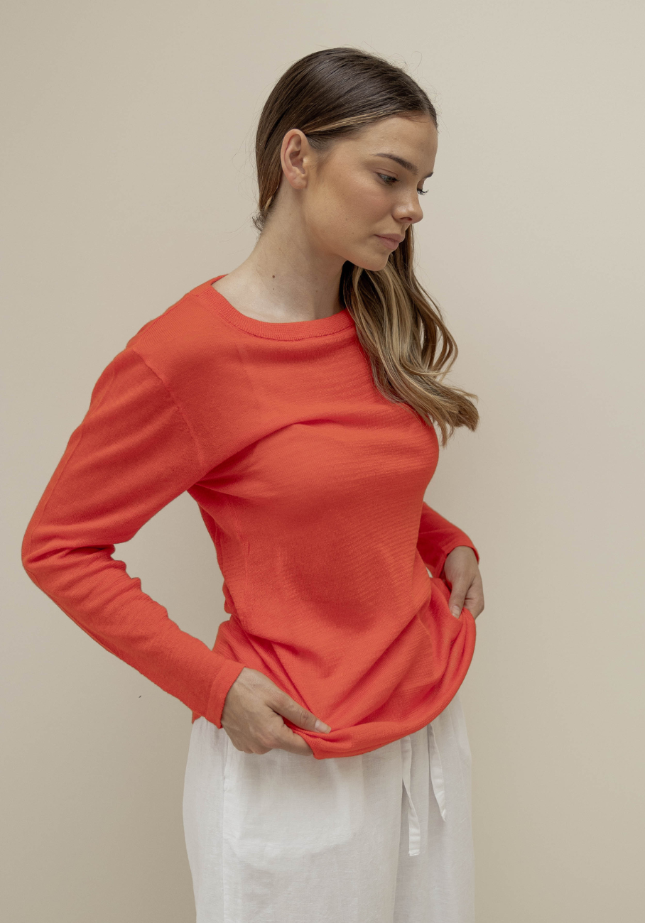 Miann &amp; Co Womens - Venus Sheer Knit Long Sleeve T-Shirt - Tomato