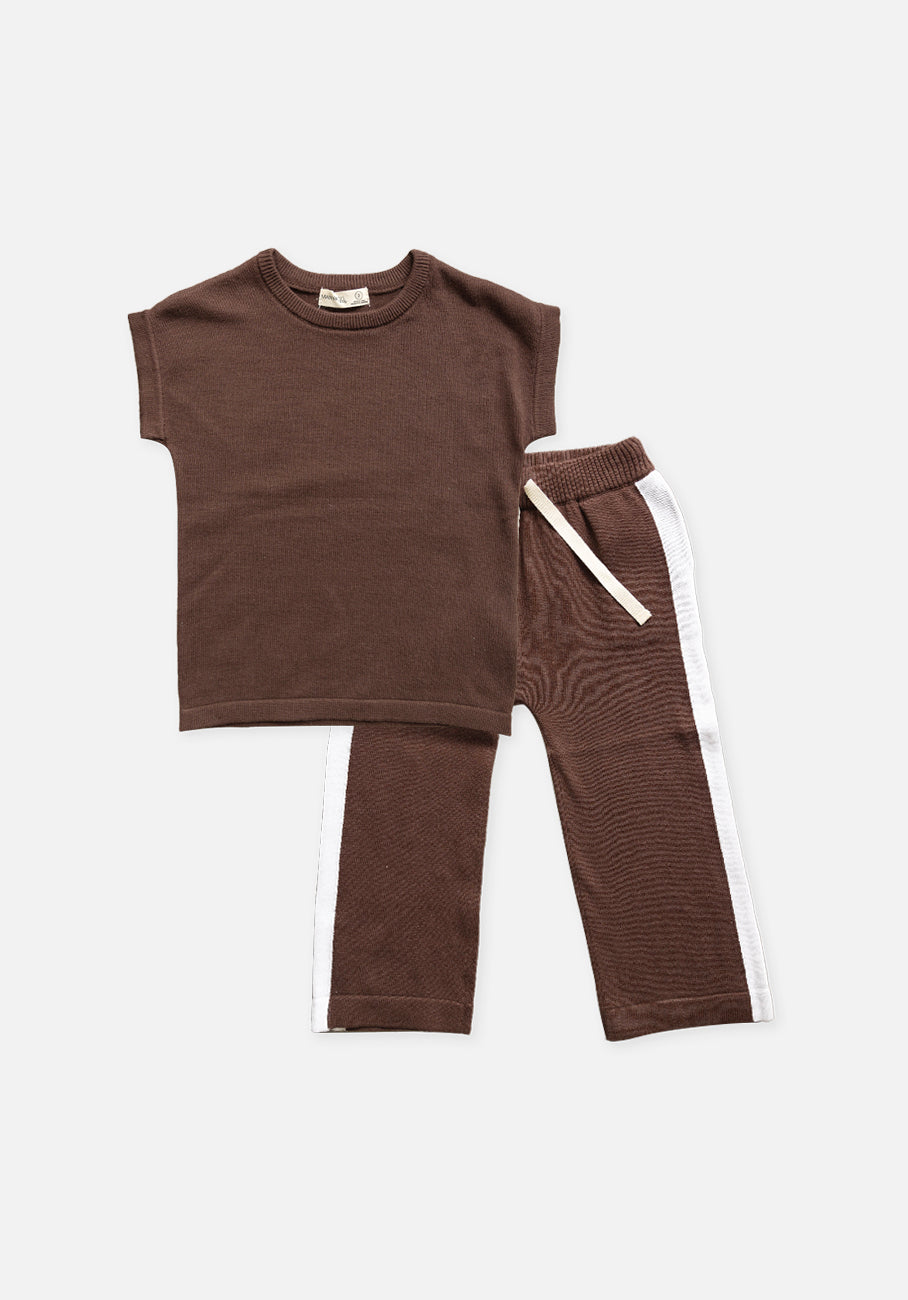 Kids Knit Set - Boxy Knit T-Shirt &amp; Knit Side Stripe Pants - Espresso