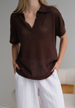 Miann & Co Womens - Louise Crochet Polo Top - Espresso