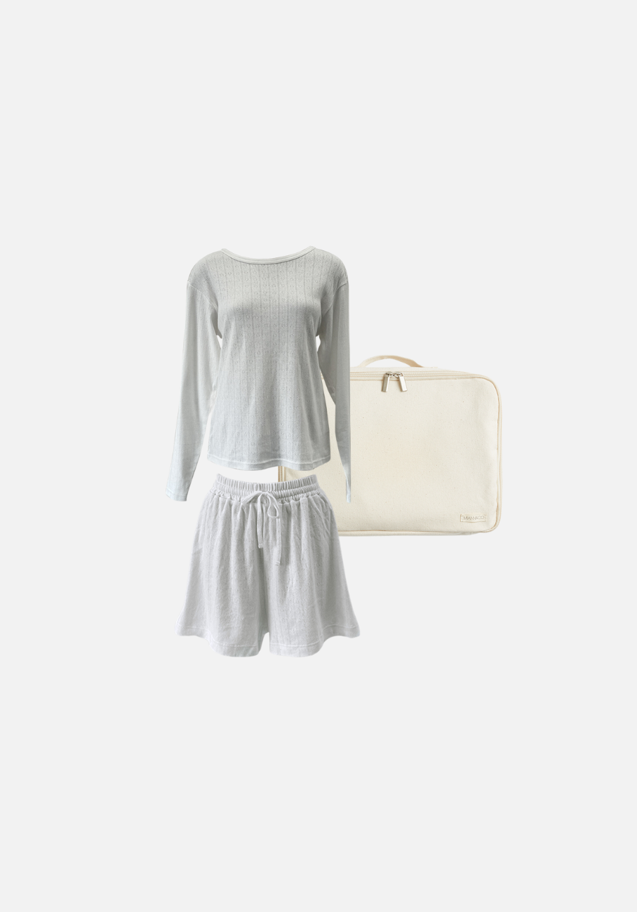 Gift Pack - Emma Round Neck Long Sleeve T-Shirt &amp; Jordy Shorts - Frost Pointelle