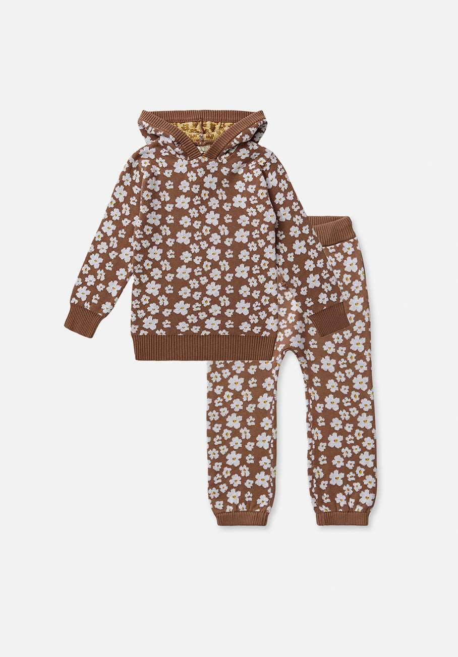 Cozy Baby Winter Set with Knitted Hoodie and Track Pants in Flora Pattern