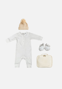 Gift Pack - Long Sleeve Button Down Jumpsuit, Booties & Beanie - Frost Pointelle