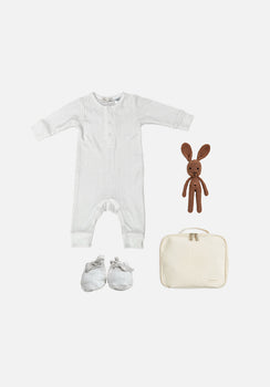 Gift Pack - Long Sleeve Button Down Jumpsuit, Booties & Small Soft Toy - Café Au Lait Bailey Bunny - Frost Pointelle