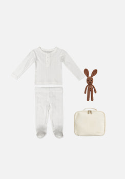 Gift Pack - Long Sleeve Button Down T-Shirt, Footed Leggings & Small Soft Toy - Frost Pointelle