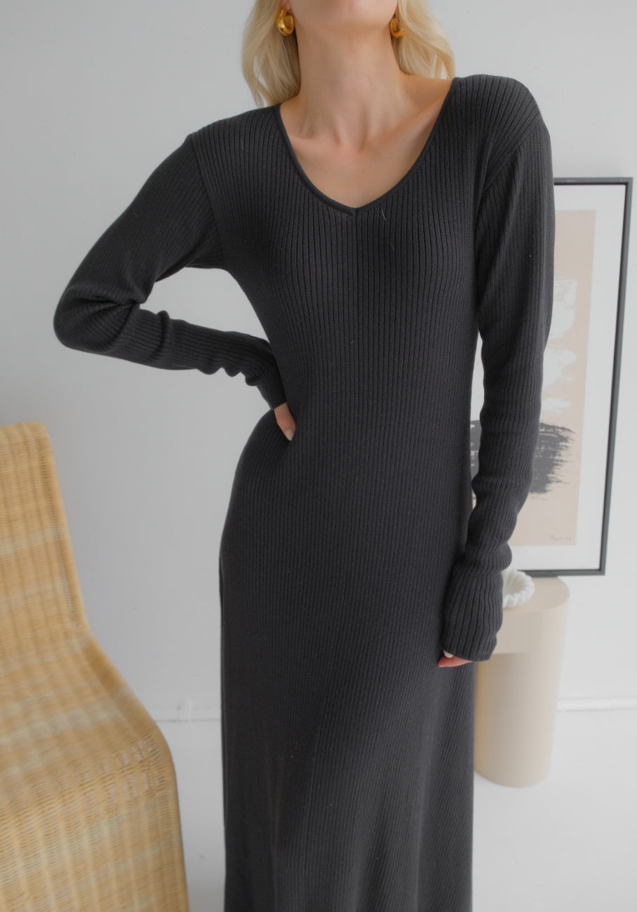 Miann &amp; Co Womens - Tanya V-Neck Ribbed Maxi Dress - Black